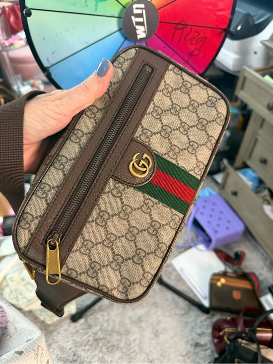 Gucci Handbags - Gucci Beige Brown GG Canvas Belt Bag with Green-Red Web